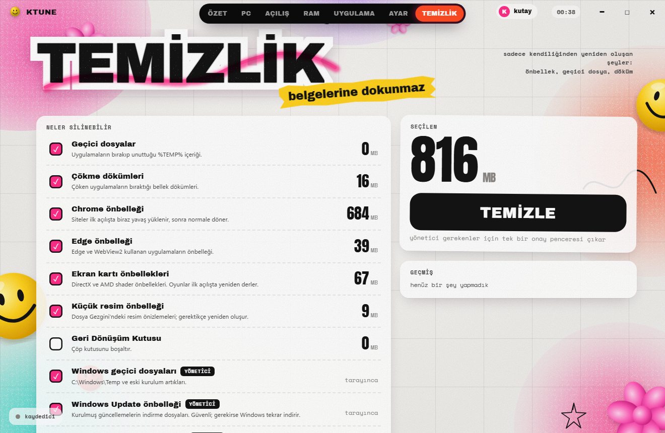 KTUNE temizlik ekranı